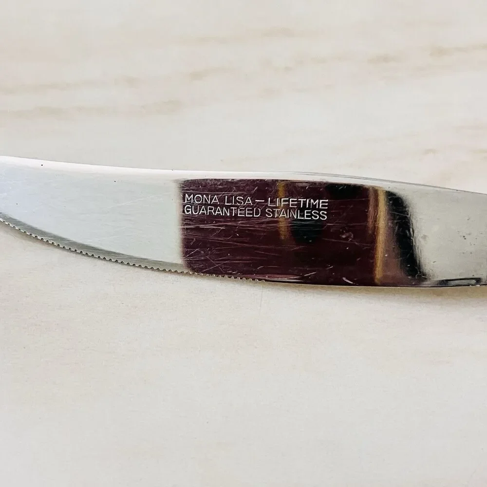 6pc Mona Lisa Lifetime Guaranteed Stainless Dinner Knife 8 3/8” Roses Japan
